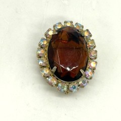 Vintage Brooch Brown Glass Cabochon Center AB Rhinestone Frame 1.25 Inches