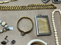 Nice Lot of Antique Jewelry – Glass Beads, Rhinestones, Hand Carved