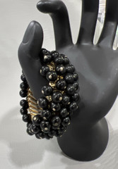 Glass Bead Expandable Bracelet Black Round Cha Cha Dangle Gold Tone Japan Capri