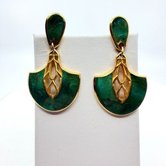 Vintage Green Enamel Gold Tone Geometric Ribbon Swirl Statement Clip On Earrings