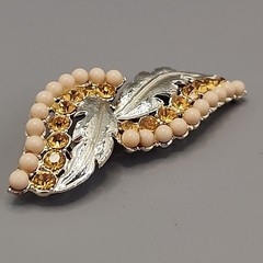Vintage Rhinestone Brooch Double Leaf Orange Gold Tone 2 5/8″