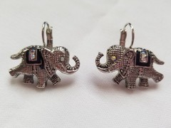Vintage Elephant Earrings AB Crystals Black Enamel Silvertone Trunk Up Good Luck