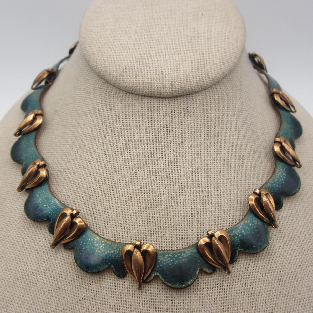 Vintage Copper Enamel Necklace Speckled Collar 17 Inch