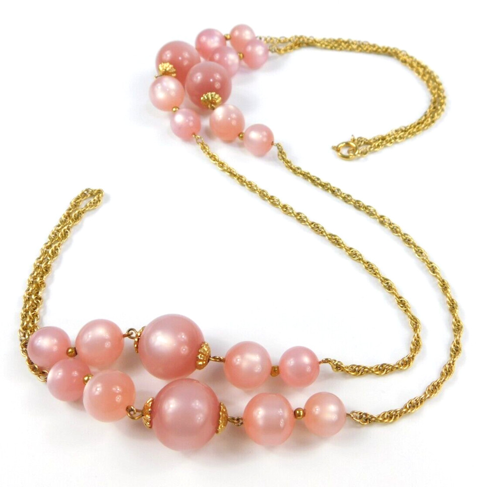 Vintage Moonglow Pink Lucite Beaded Chain Station Gold Tone Necklace 44″