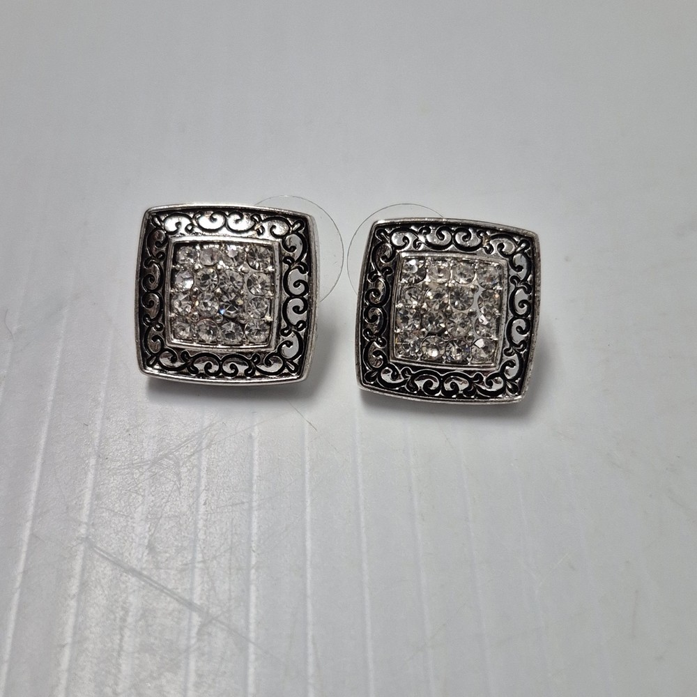 Vtg Square Pavé Crystal Rhinestones Silver Plate Pierced Stud Earrings