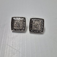 Vtg Square Pavé Crystal Rhinestones Silver Plate Pierced Stud Earrings