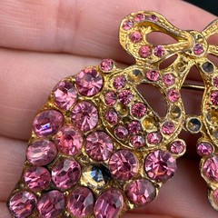 Vintage Pot Metal Rhinestone Brooch Pink Grapes Flowers Bow Gold Tone READ
