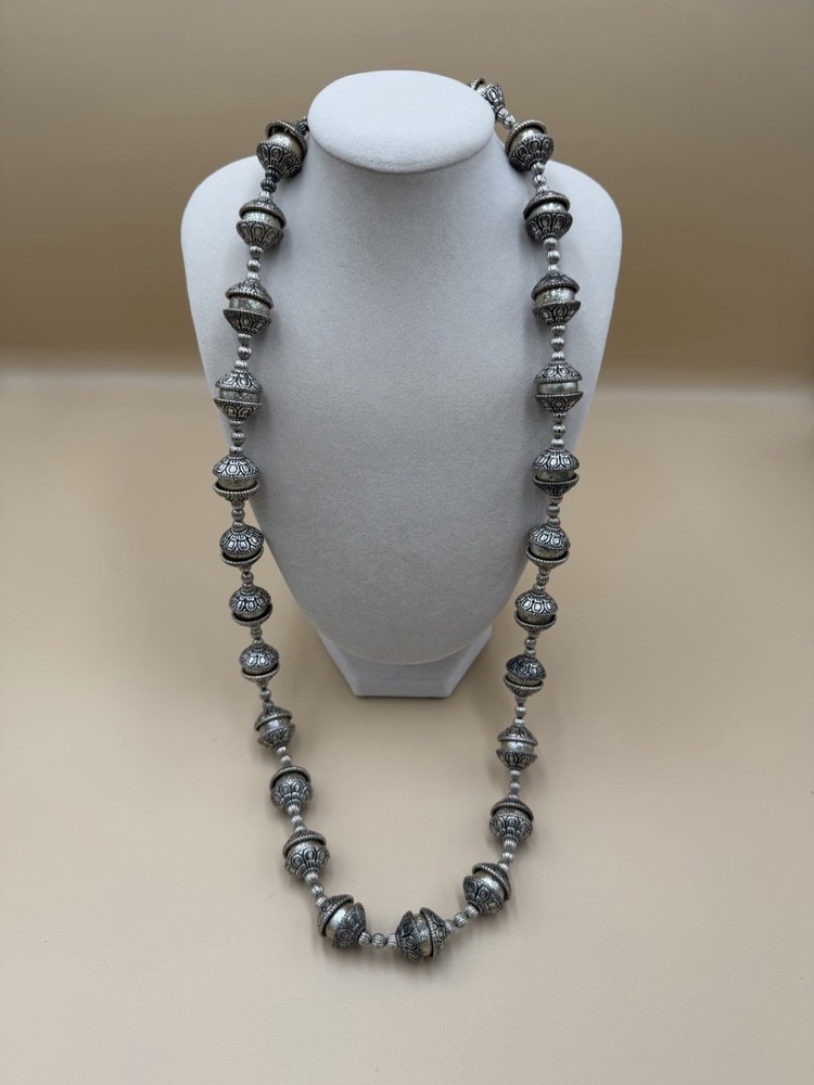 Vintage Silver Tone Ornate Beaded Statement Necklace Long Boho Ethnic Tribal