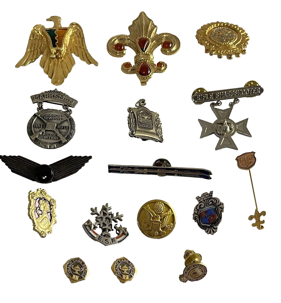 16-Vintage Brooch Pins Academic Marksman Crests Ski Award G&R Ski Tie Tac Eagle