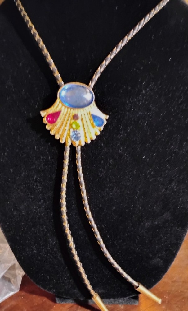 Vintage Ladies Blingy Bolo Tie Mixed Color Cab Stones Goldtone Metal Party Time