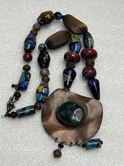 Vintage Multicolor Glass Large Bead Necklace Copper Green Jasper Pendant * Read