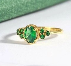 Oval Cut Green Emerald Lab Created Diamond Wedding 14Ct Yellow Gold Finish Ring