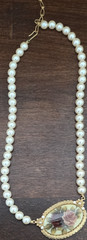 Vintage Beaded Necklace Imitation Pearl Oval Floral Glass Metal Pendant