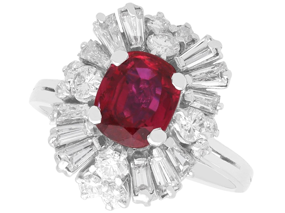 2.13Ct Thai Ruby and 1.56Ct Diamond 18k White Gold Cluster Ring Circa 1970