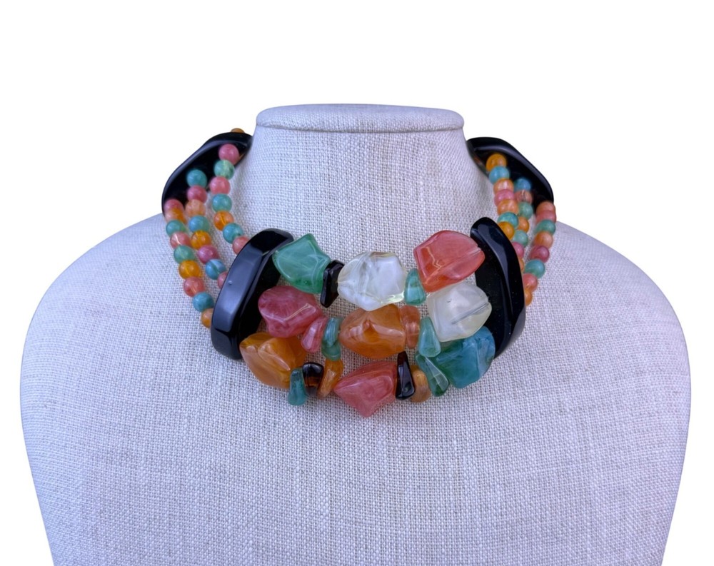 Vintage Multicolor Beaded Necklace Retro Style Mixed Materials Adjustable Length