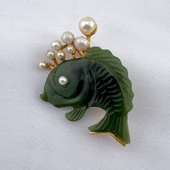 Vintage Swoboda Brooch Pin Jade Carved Fish Faux Pearl Bubble Gold Tone Estate
