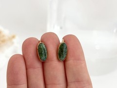 Prehnite Gemstone Accented Oval 12k Gold Filled Stud Screw Back Vintage Earrings