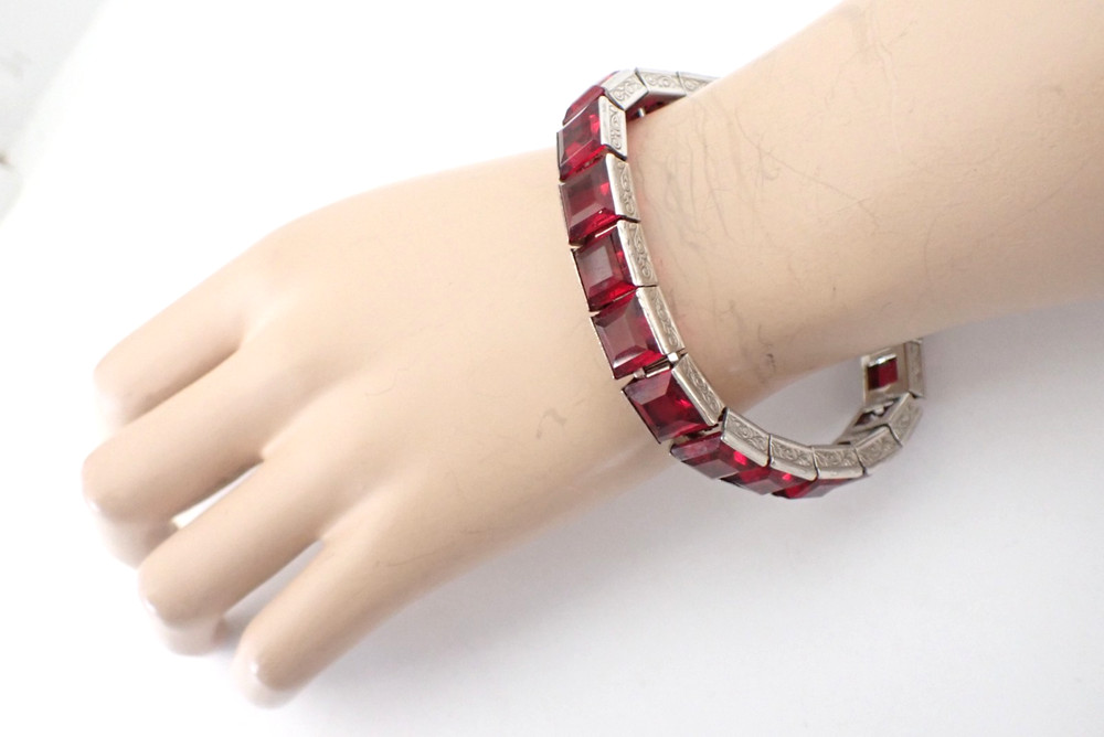 Art Deco Vintage Diamonbar Sterling Silver Channel Set Bracelet Red Openback