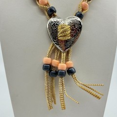 Boho Heart Bolo Necklace Gold Tone Woven Cord Peach Black Beads