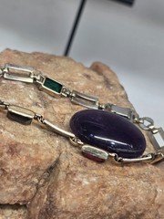 Vtg Two Tone Sterling and 14kt Gold Gemstone Tennis Bracelet 10g 7″ 6mm