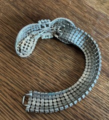 Set Of 2 Woman’s Vintage Wide 6 Row Silver Metal Rhinestone Bracelets With Bow