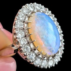 Vintage Opal Diamonds 14k White Gold Large Cocktail Ring Halo Estate Gift