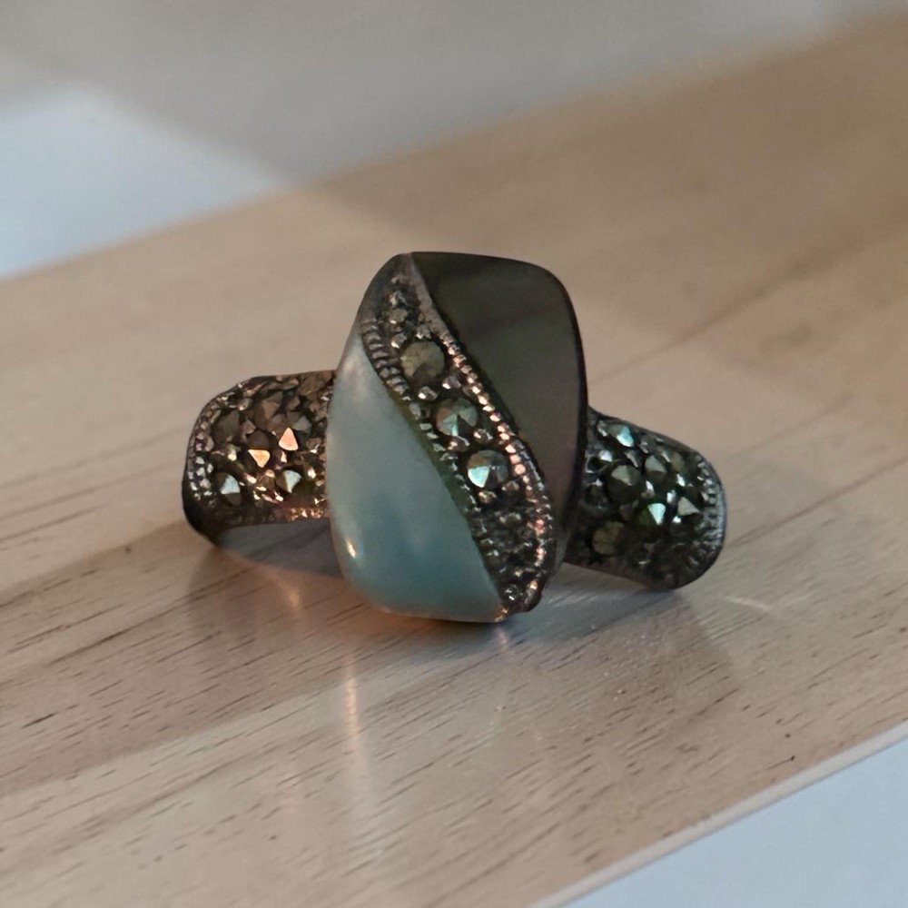 Vintage Marcasite Jade Abalone Mother of Pearl Ring