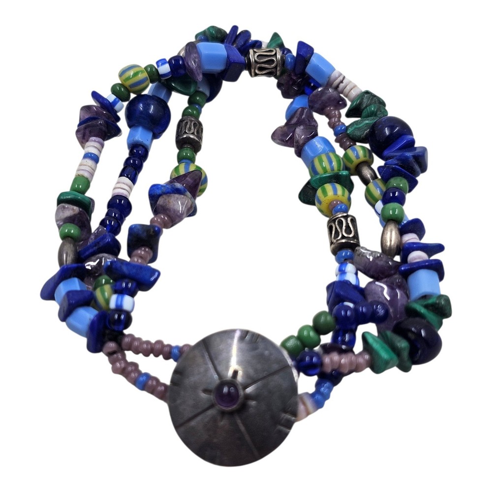 Vintage Mixed Trade Bead Bracelet Cobalt Glass Amethyst Millefiori Heishi Multi
