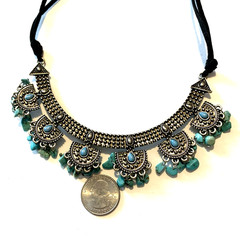 Vtg Faux Turquoise Stone Dangles & Antiqued Silver Tone Necklace ~17″ Boho Chic