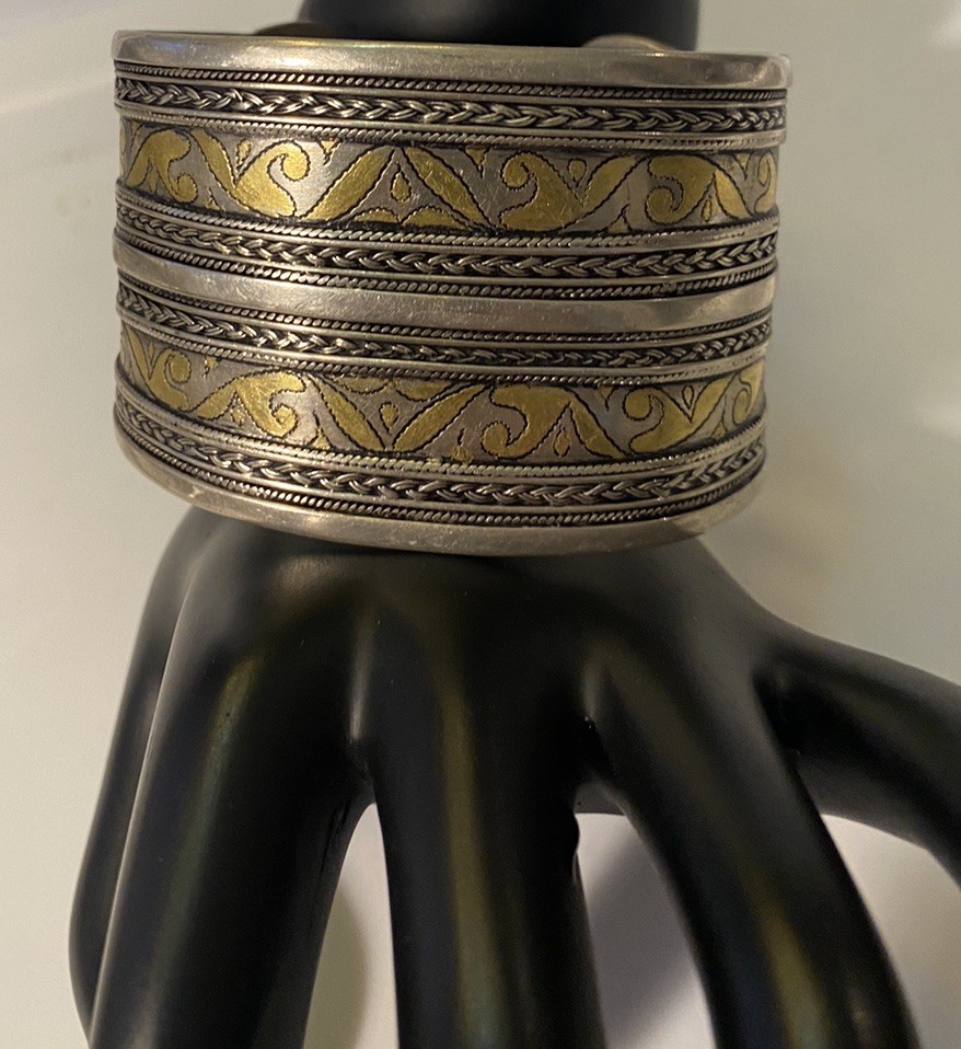 Turkmen Tekke Silver Gilt Wide Cuff Ethnic Tribal Ornate Adjustable Bracelet
