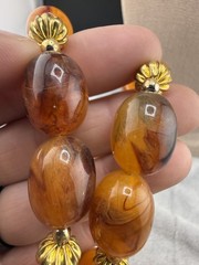 Vintage Beaded Necklace Acrylic Brown Orange Gold Tone 30″