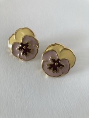 Vintage Pansy Flower Pierced Earrings With Yellow, Lavender & Mauve Enamel