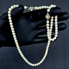 Vintage Cultured Pearl Sterling Silver Clasp Necklace & Bracelet Set
