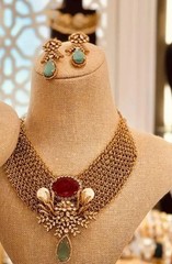 Gold tone Kundan & Polki Mesh Necklace Set with Ruby and Pearl