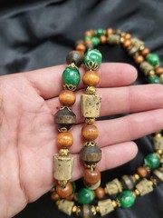 Vintage Multi Strand Beaded Necklace Wood Faux Malachite Cork Boho Statement