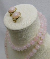 Vintage Hand Knotted Rose Quartz Gold 32″ Round Bead Necklace & Pierced Earrings
