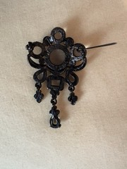 Gothic Revival Victorian Brooch Clear Cabochon Stones Aurea Borealis Dangles