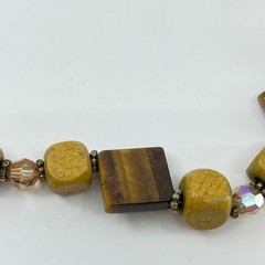 Vintage Earthy Tiger’s Eye & Wooden Square Bead Boho Statement Necklace Classic