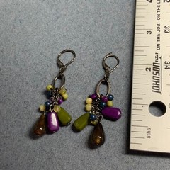 Cluster Dangle Earrings 2.25 In Blue Green Purple Textured Silver Loop Beaded