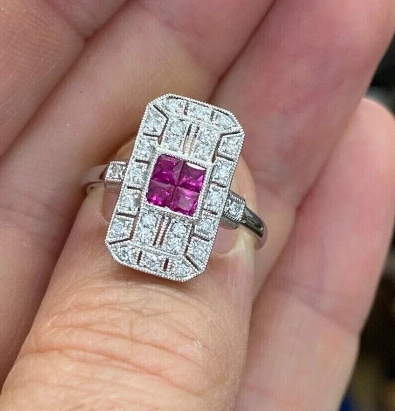 Art Deco Style Ruby & Lab Created Diamond Anniversary Ring 14K White Gold Finish