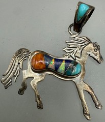 STERLING SILVER LAPIS OPAL TURQUOISE INLAY HORSE SOUTHWESTERN STYLE PENDANT