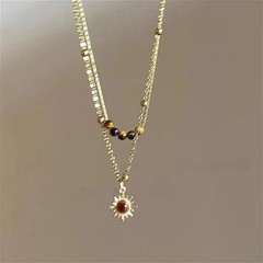 Vintage Brown Stone Pendant Necklace, Leather Choker, Retro Hip Hop Jewelry