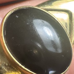 Signed Napier Black Plastic Stone Cab Gold tone Bar Pin Brooch Arrow