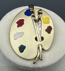 Vtg Paint Palette Artist Brooch Pin Gold Brushed Tone Brush Art To Wear Gift