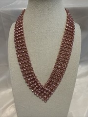 Pink Rhinestone Vee Statement Necklace Rose Gold Tone 18”