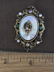 Vintage Signed ART Arthur Pepper Brooch Mother Of Pearl Revival Shield Rhineston