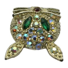 Vtg Rhinestone Cat Brooch Pin 60s Aurora Borealis Gold Tone Kitty Green Eyes