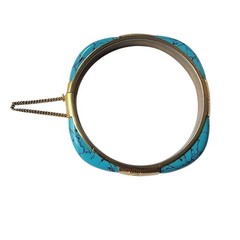 Vintage Faux Turquoise Hinged Bangle Bracelet Gold Tone Mid Century Size 6.5