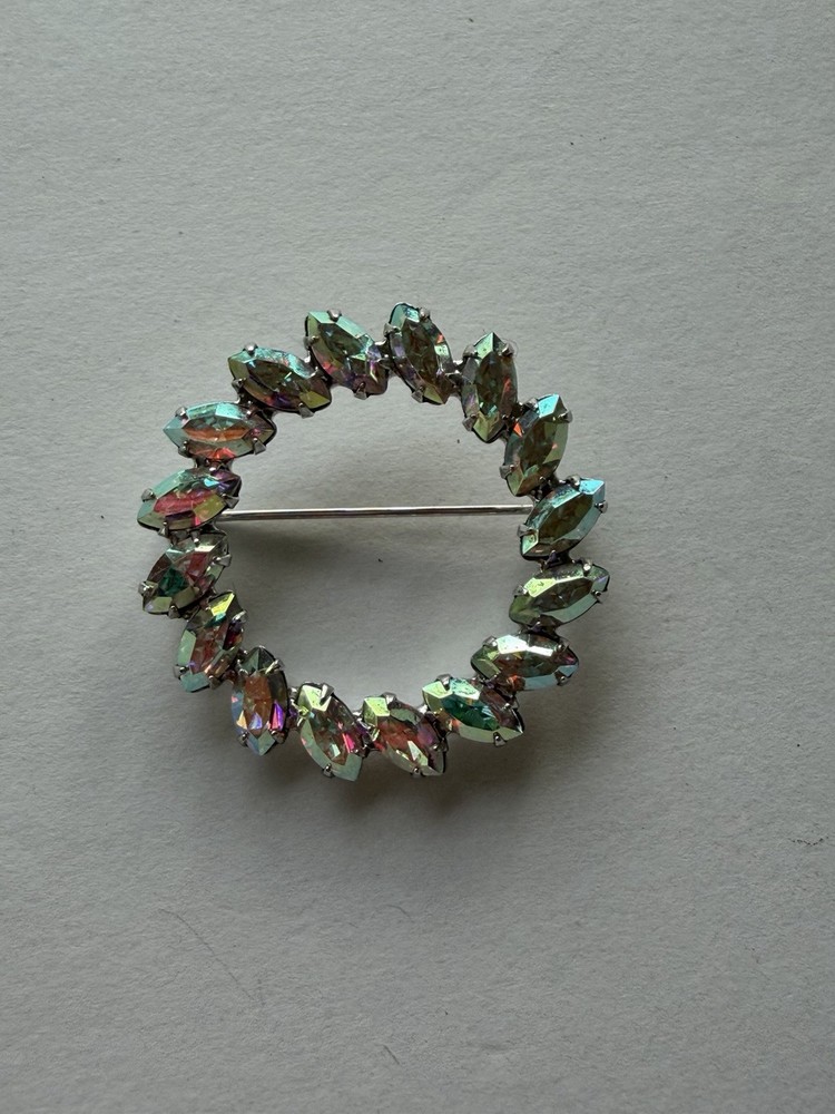 Vintage B. David Marquise Crystal Aurora Borealis Circle Pin 1.35”