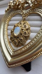 Vintage West Germany Unsigned Opal Opalite Filigree Pendant Necklace